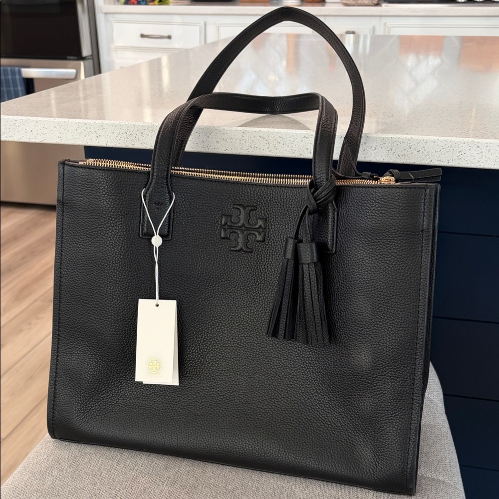 Tory Burch Black Pebbled Leather Tote with Tassel